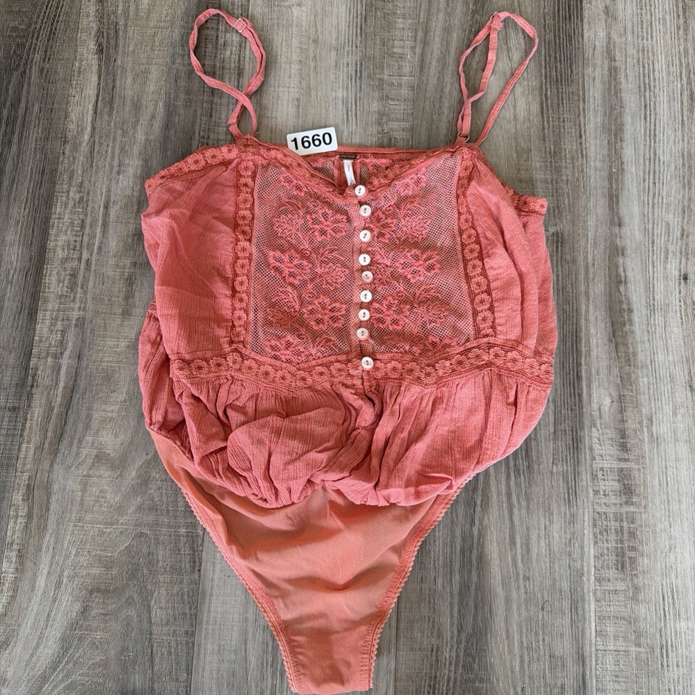 Free People Still The One Lace Embroidered Embroidered Bodysuit Coral Pink XS